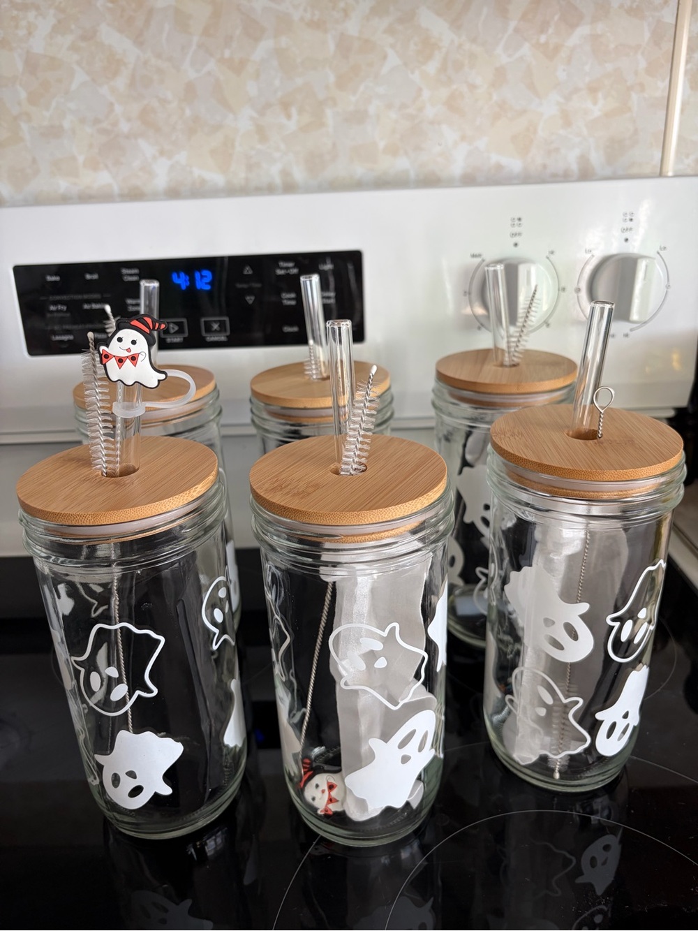 6 Glass Tumblers with Bamboo Lids & White Ghost Design - Home Kitchen